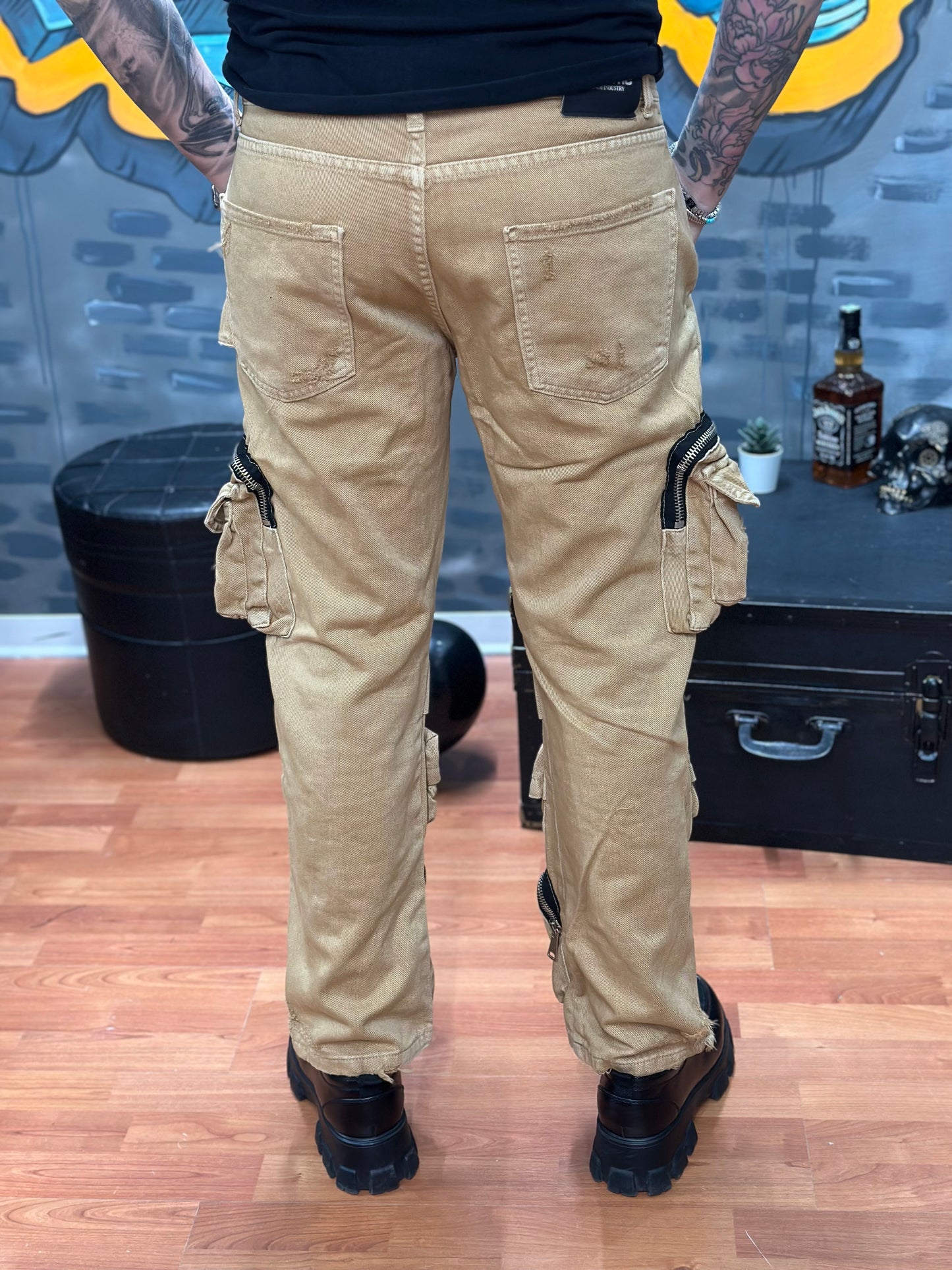 JEANS CARGO ZIP CAMMELLO