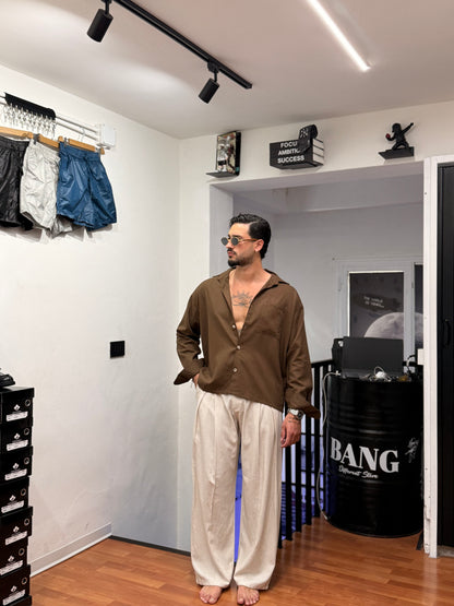 CAMICIA OVER IN LINO TABACCO