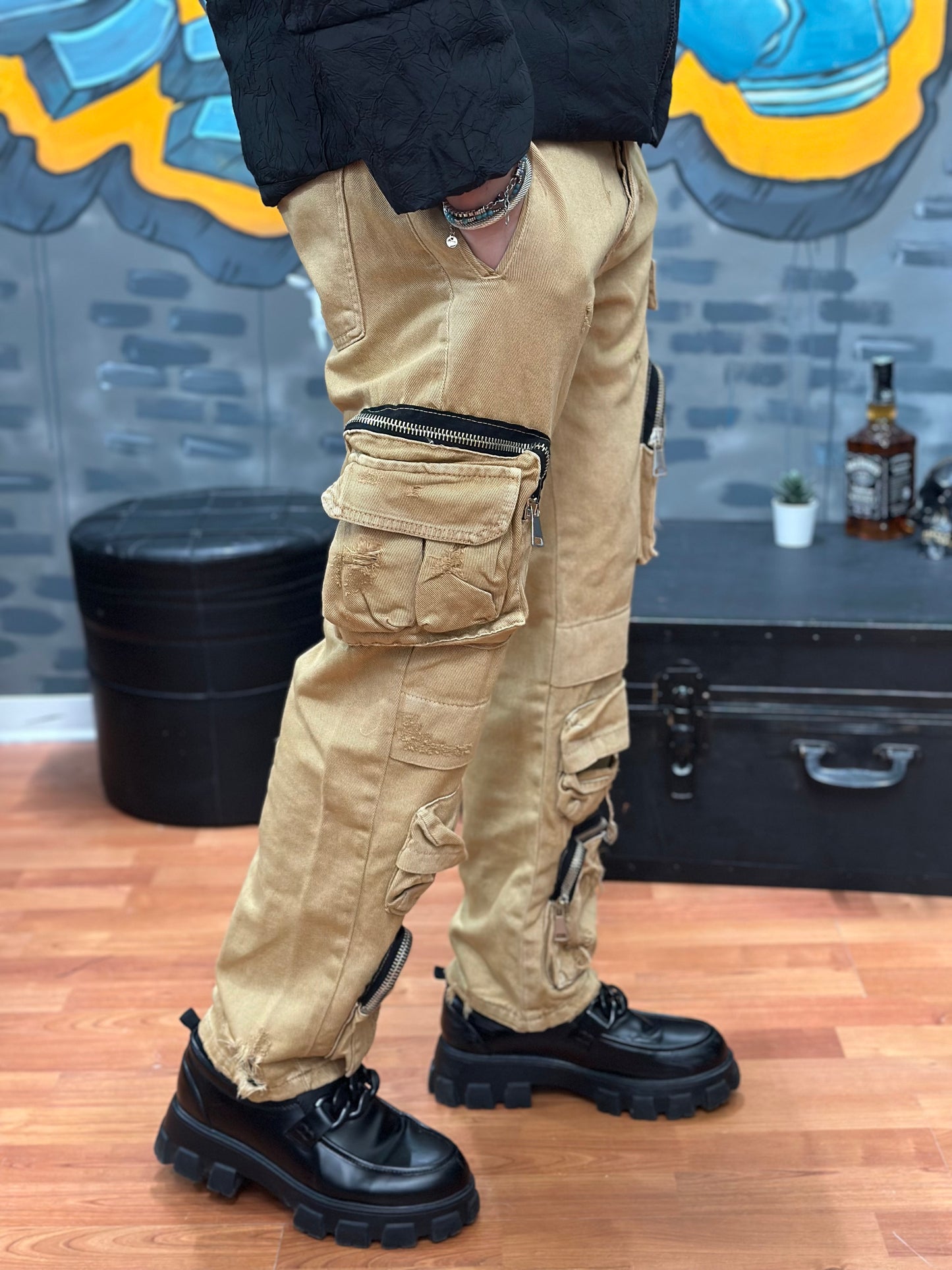 JEANS CARGO ZIP CAMMELLO