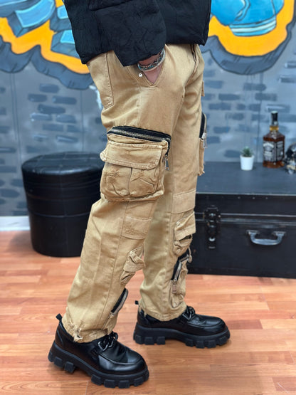JEANS CARGO ZIP CAMMELLO