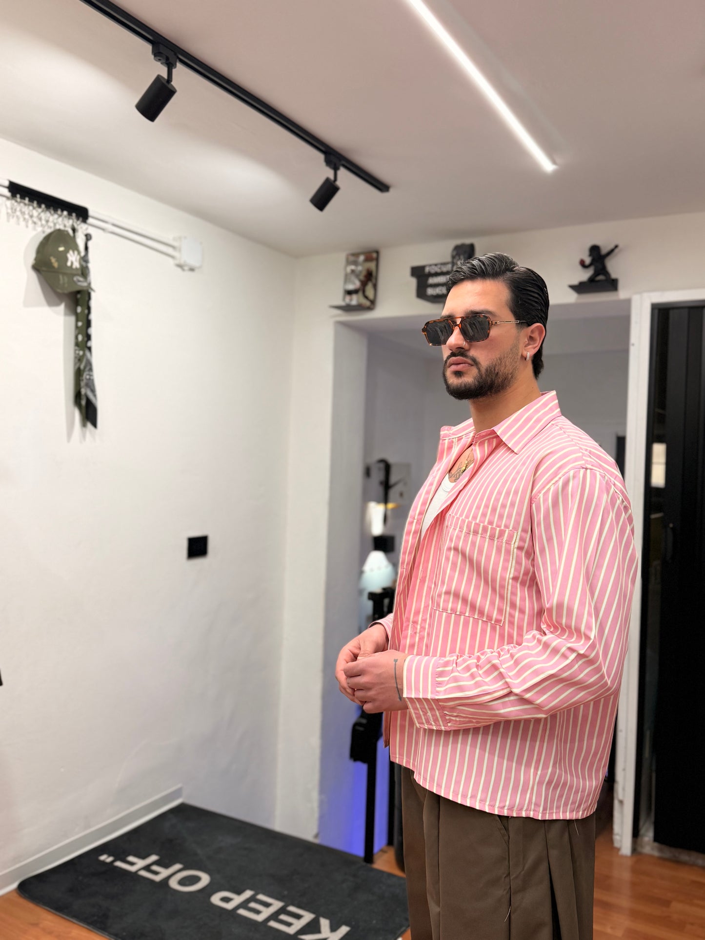CAMICIA A RIGHE CROP ROSA