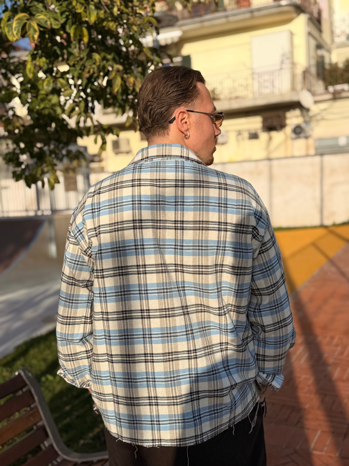 CAMICIA CROP A QUADRI CIELO