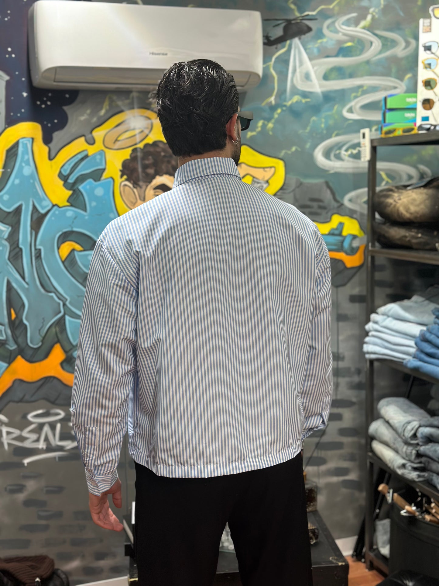 CAMICIA A RIGHE CROP CELESTE