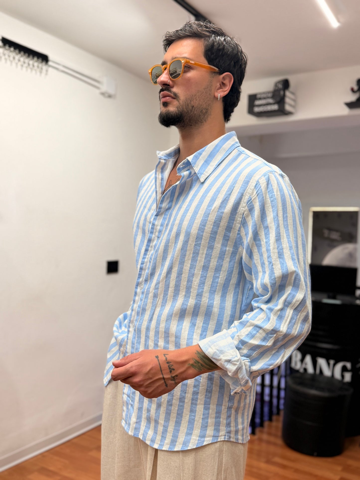 CAMICIA A RIGHE CIELO IN LINO