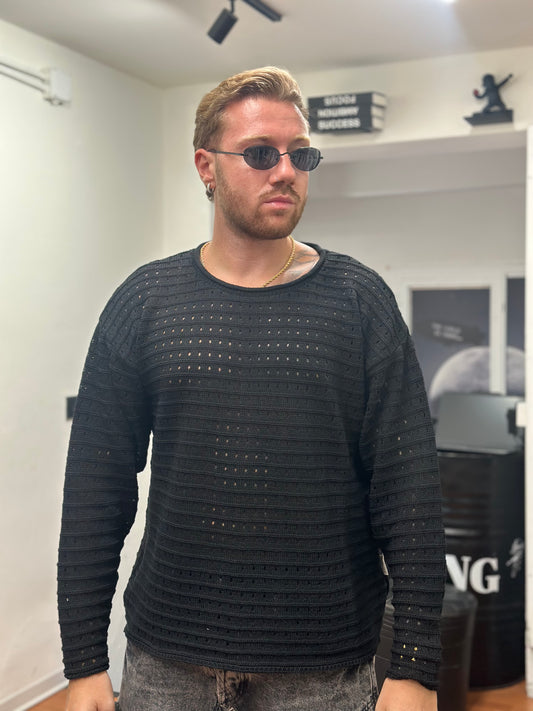 PULL TRAFORATO CROP NERO