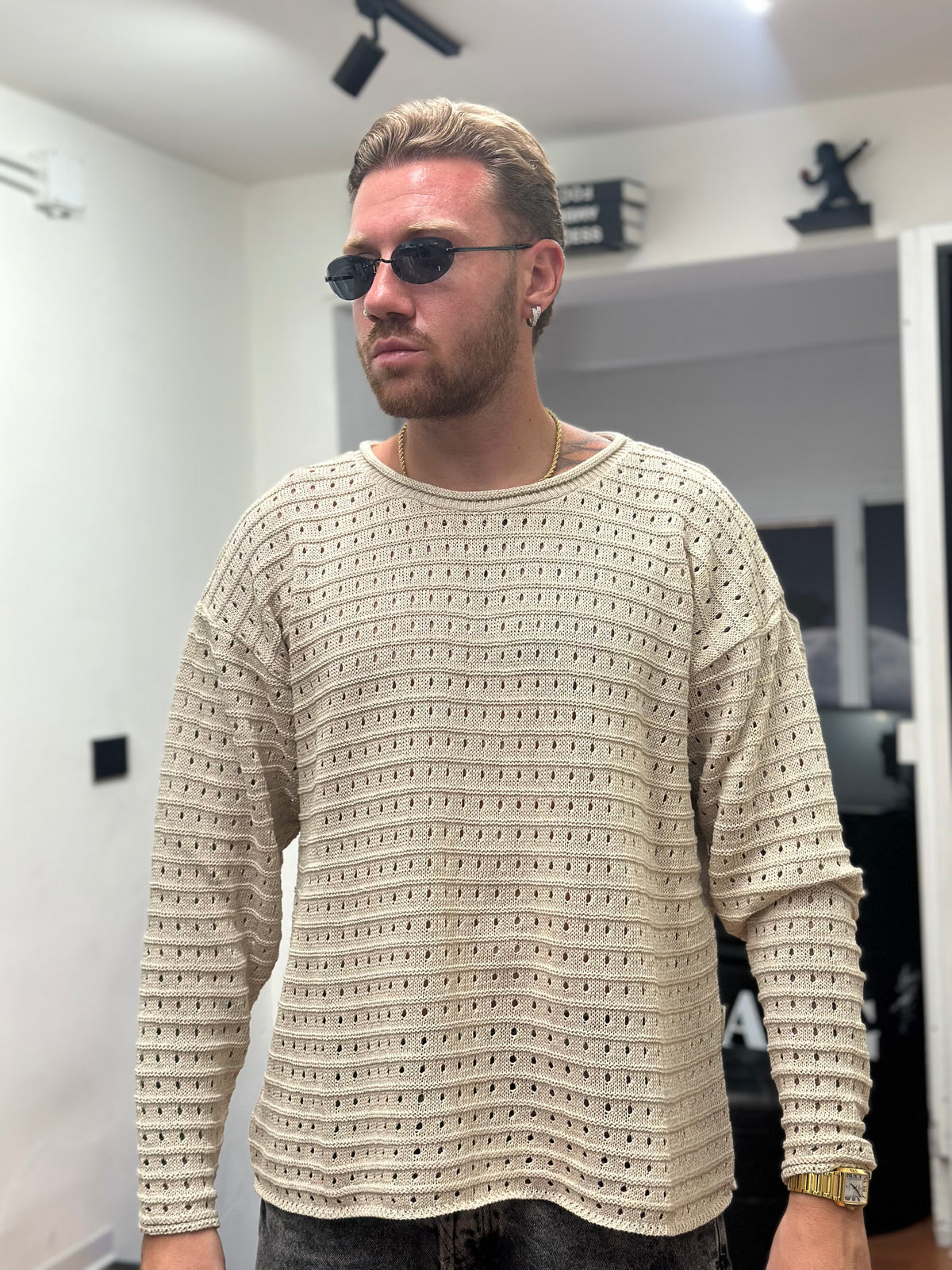 PULL TRAFORATO CROP BEIGE