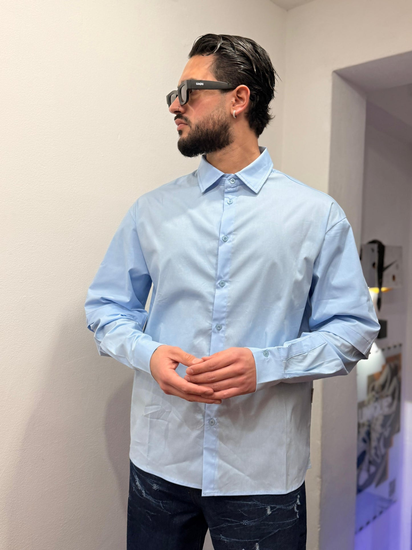 CAMICIA OVER DOUBLE SLEEVE CELESTE