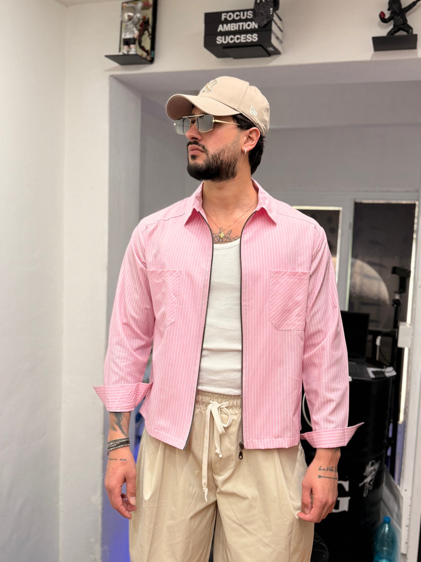 CAMICIA RIGHE CROP ZIP ROSA