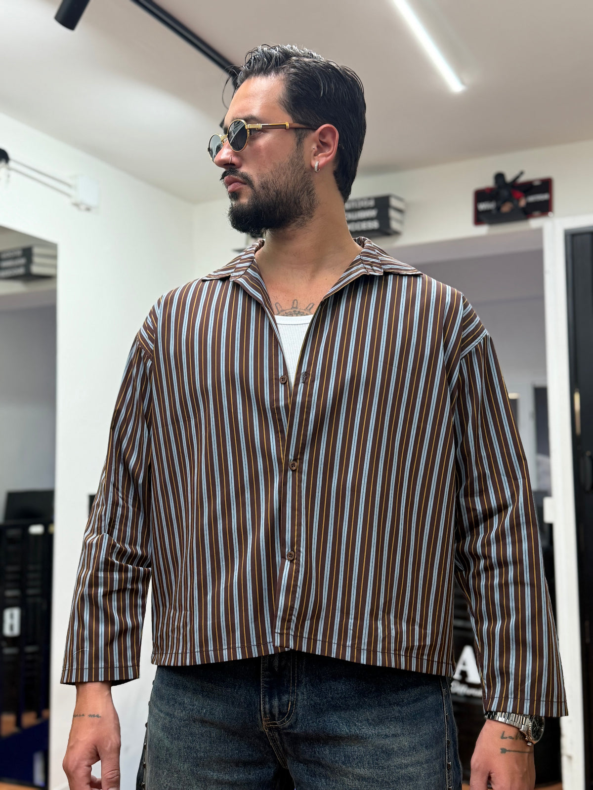 CAMICIA CROP A RIGHE MORO