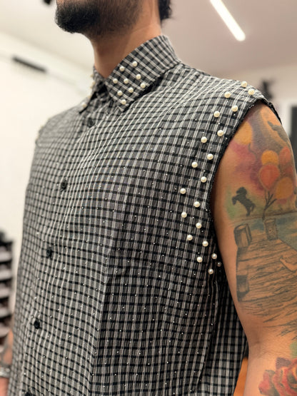 CAMICIA CROP CON STRASS NERA