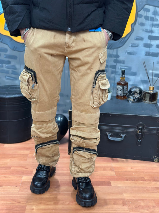 JEANS CARGO ZIP CAMMELLO