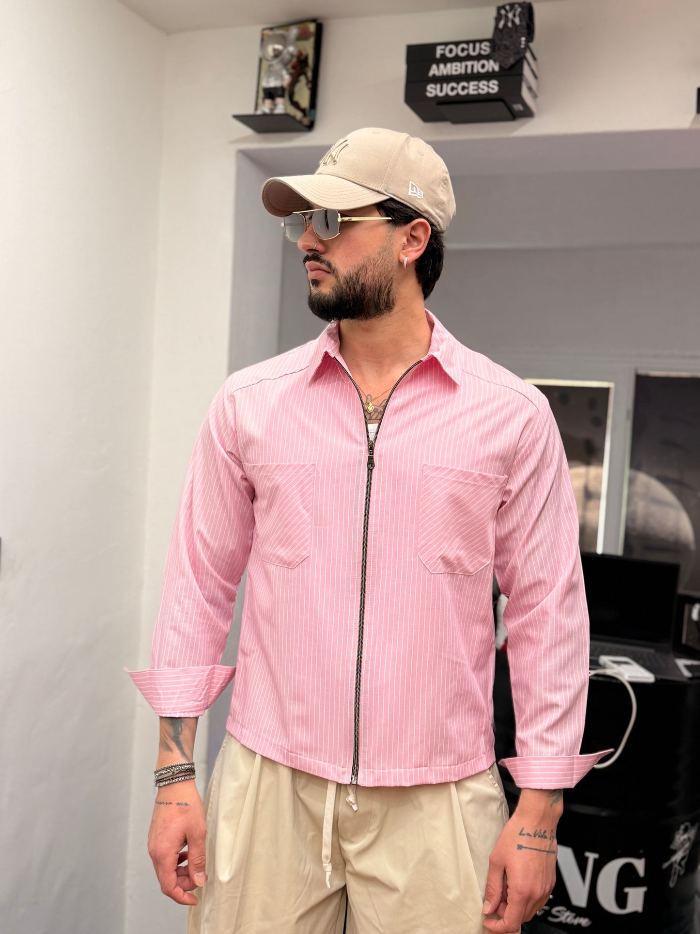 CAMICIA RIGHE CROP ZIP ROSA