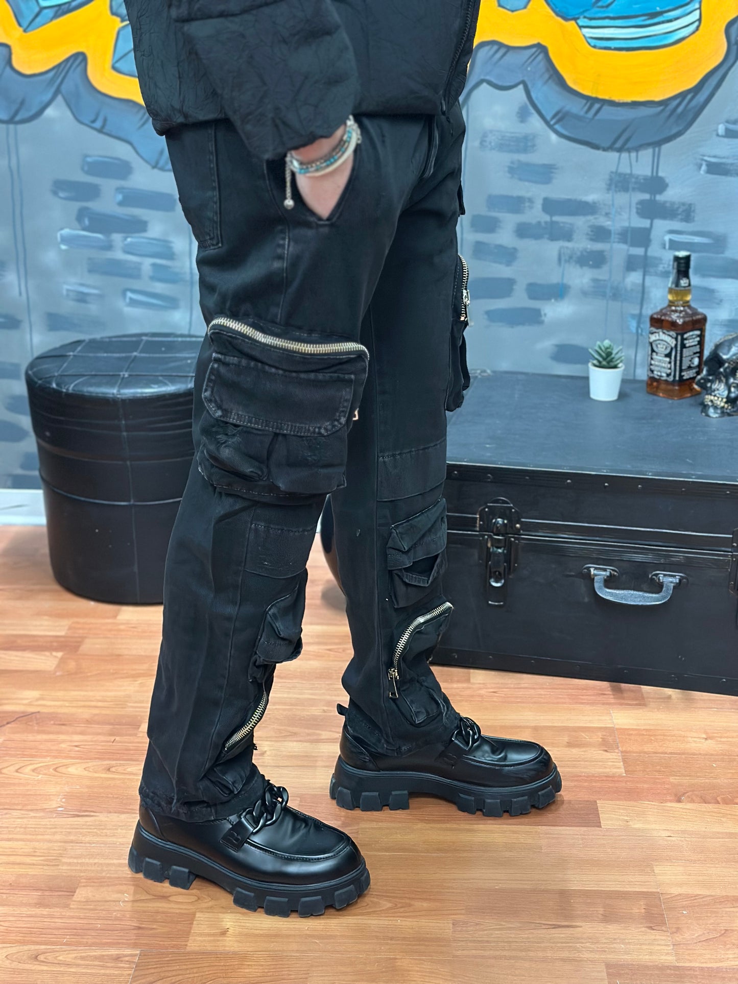 JEANS CARGO ZIP NERO