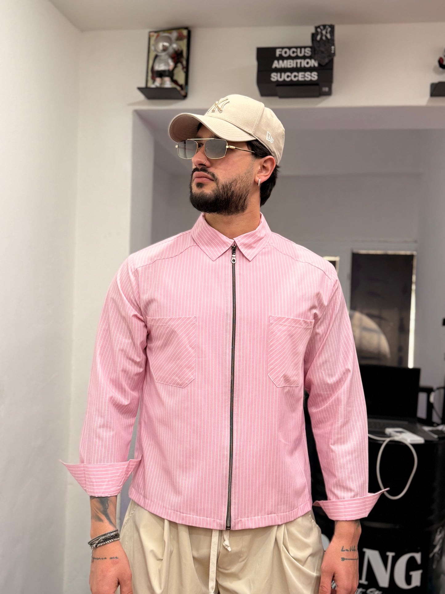 CAMICIA RIGHE CROP ZIP ROSA