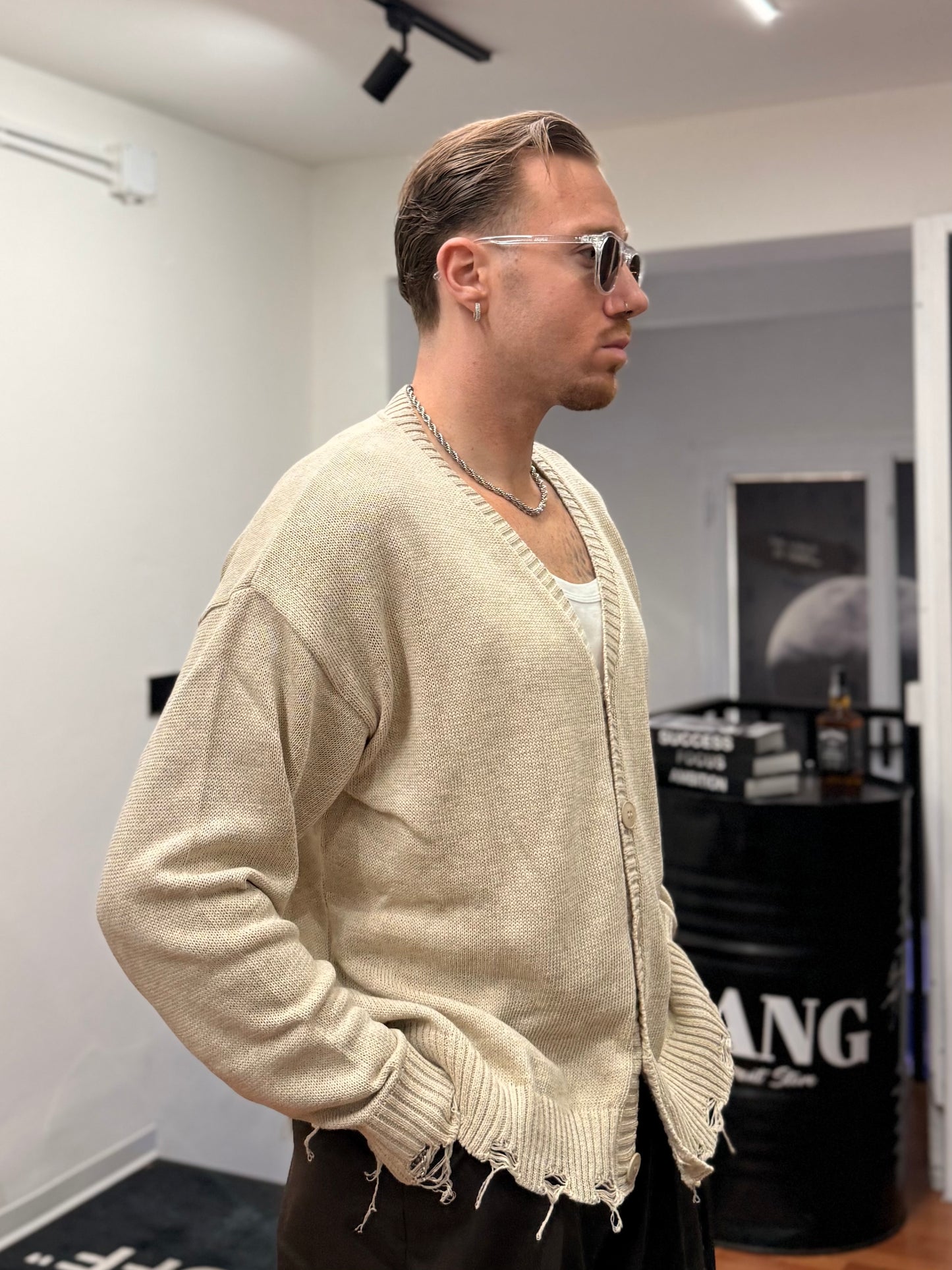 CARDIGAN DESTROYED IN FILO BEIGE