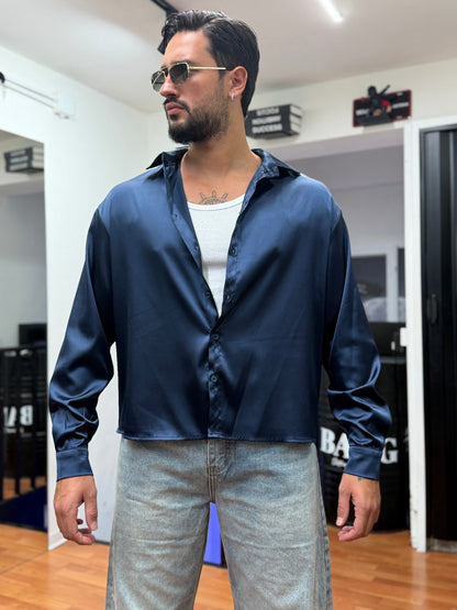 CAMICIA CROP IN RASO BLU