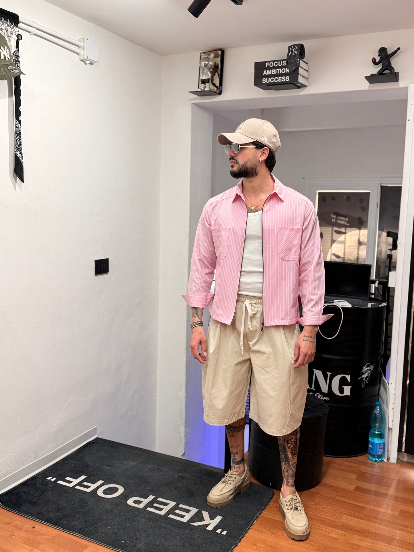 CAMICIA RIGHE CROP ZIP ROSA