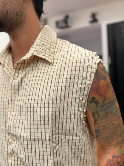 CAMICIA CROP CON STRASS BEIGE
