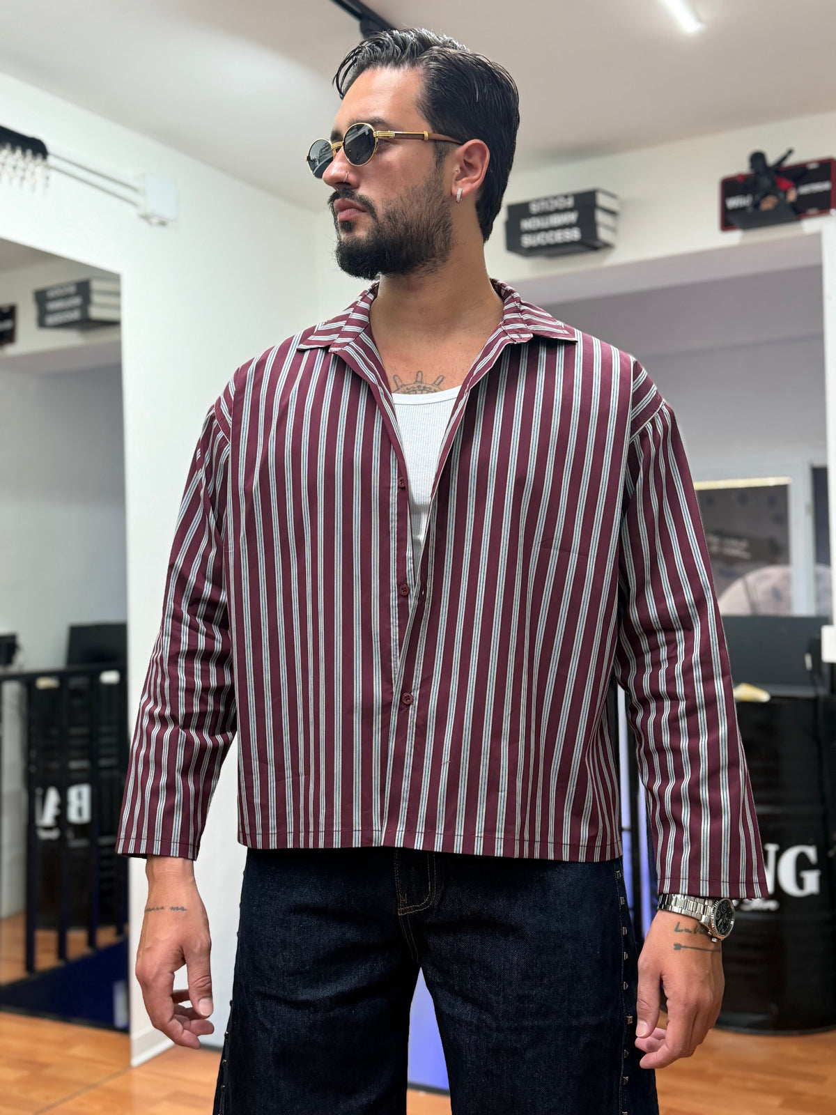 CAMICIA CROP A RIGHE BORDEAUX