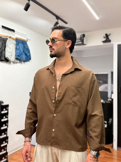 CAMICIA OVER IN LINO TABACCO