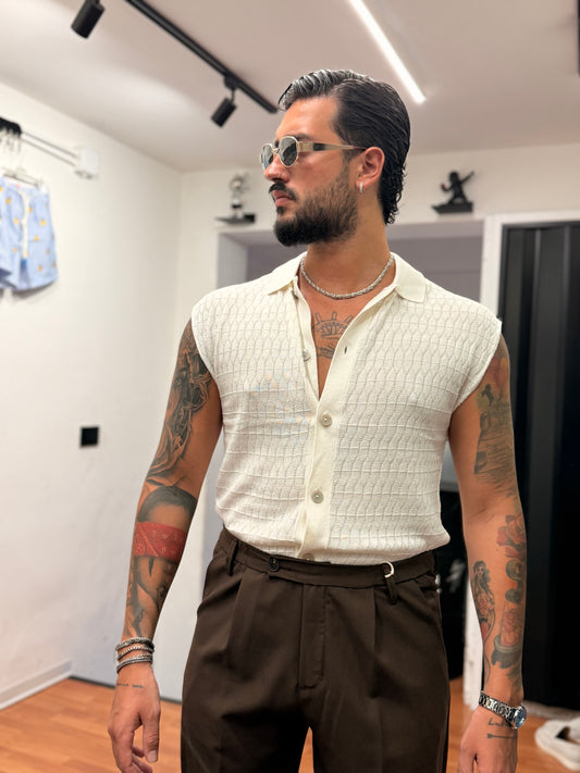CARDIGAN SMANICATO IN FILO PANNA